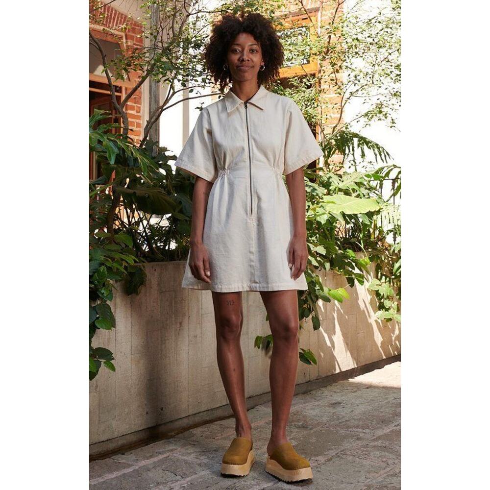 NOBLE Sz XS Adult Utility Dress Zip Front Oat Milk Cream Cotton